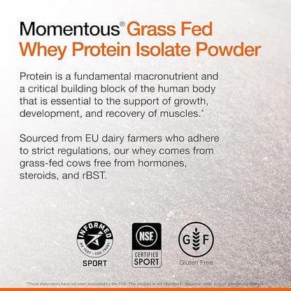 Momentous Essential Grass-Fed Whey Protein Powder - 20g Whey Isolate Protein - NSF Certified, Gluten-Free, 24 Servings for Essential Everyday Use, Chocolate (Package May Vary)