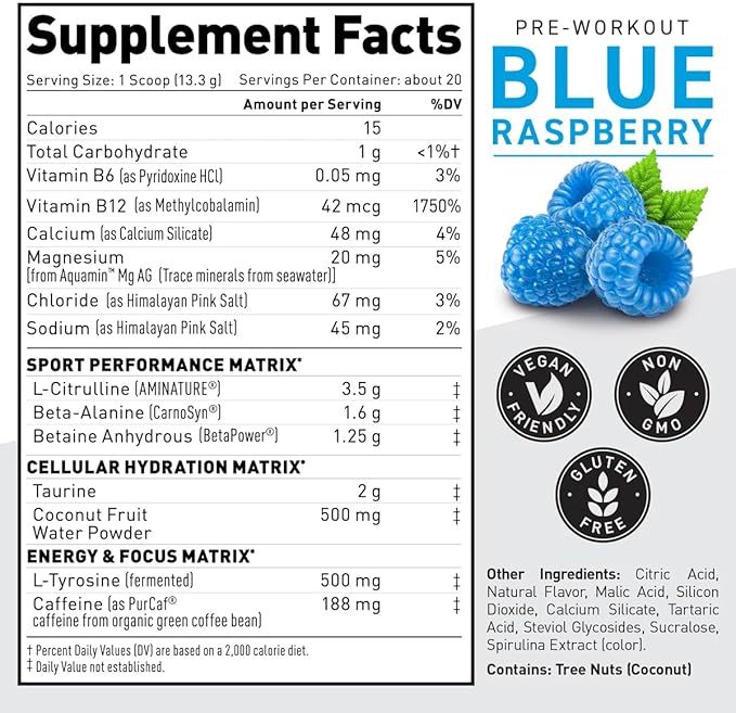 Kaged Pre-Kaged Sport Pre Workout Powder | Blue Razz | Energy Supplement for Endurance | Cardio, Weightlifting Sports Drink | 20 Servings