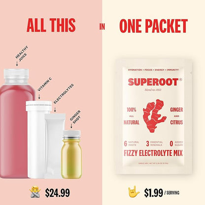 SUPEROOT® Travel Pack Natural Electrolytes Powder with Ginger, Turmeric, and Maca Root, Sugar & Caffeine Free Drink Mix, Clean Hydration, Energy, Detox & Immune Boost, 12 Count (Ginger Citrus)