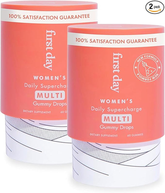 FIRST DAY Women’s Daily Supercharge Multivitamin Gummies – Vitamins A, B1, B6, B12, C, D3, E & K + Magnesium, Zinc, Biotin – Made w/Organic Fruits & Veggies, Only 2g Sugar – 2-Pk, 60 Day Supply