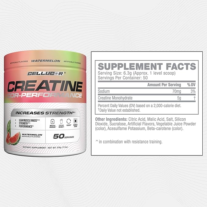 Cellucor Creatine Powder, Watermelon Flavor - Increases Strength, Lean Muscle Mass & Endurance, Micronized Creatine for Fast Absorption, 5g Creatine per Serving, 50 Servings