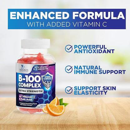 Super B Complex Gummy with Vitamin C & Folic Acid, Extra Strength Vitamin B Gummies Supplement with Niacin, B6, Folic Acid, B12, Biotin, Nature's Energy Immune Support Supplements - 120 Gummies