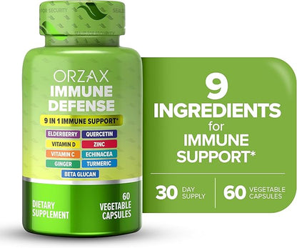 ORZAX 9 in 1 Immune Defense Supplement High Strength Vitamin C & D with Zinc, Quercetin, Turmeric & Ginger, Echinacea Capsules - Herbal Defense for Immune System Support - 60 Veg Capsules
