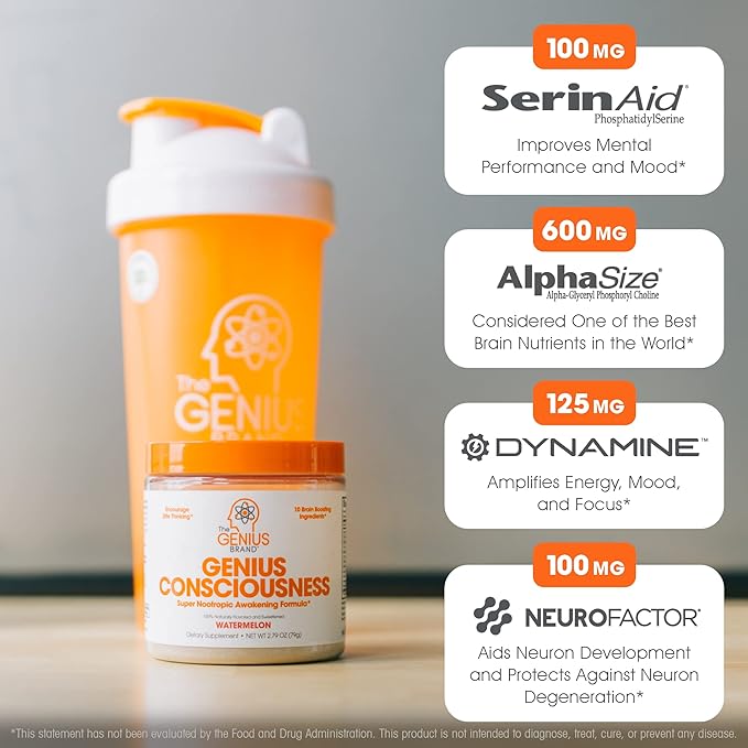 Genius Consciousness, Super Nootropic Brain Supplement Powder, Watermelon - Boost Focus, Cognitive Function, Concentration & Memory Booster - Alpha GPC & Lions Mane Mushroom for Neuro Energy & IQ