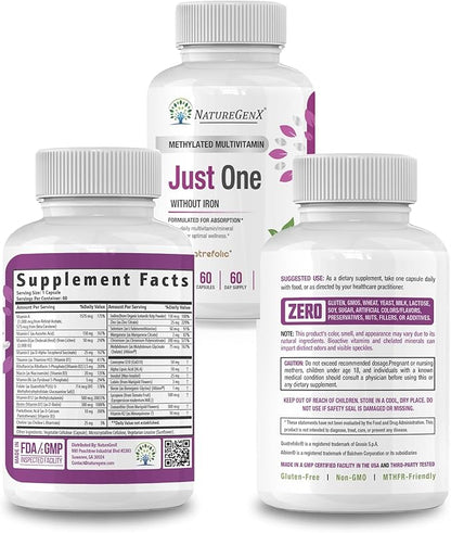 Just One Daily Methylated Multivitamin - 60 Caps Pure Methyl B12, Methylfolate MTHFR Support Supplement Iron Free Methylated Vitamins for Men & Women 2 Months Supply Gluten Free