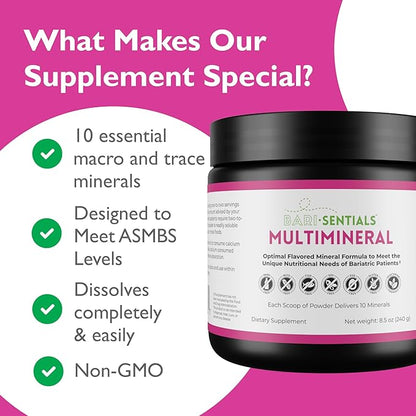 Barisentials Bariatric Multimineral Supplement- Post-Bariatric Surgery Support for Gastric Bypass, Sleeve Gastrectomy - Easy-to-Dissolve Mineral Powder- 240g