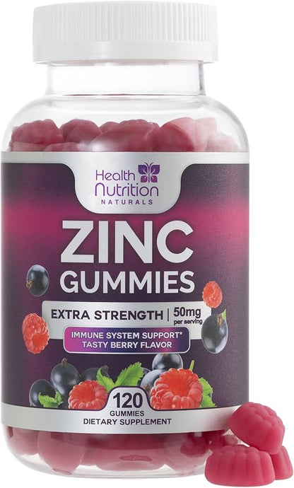 Zinc Gummy for Adults 50mg, Max Strength Bone, Skin & Immune Support Zinc Gummies, Vegan, Non-GMO & Gluten Free, Immune Health Support, Nature’s Antioxidant Chewable Zinc Vitamins - 120 Gummies