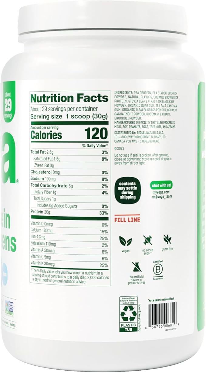 Vega Protein and Greens Protein Powder, Vanilla - 20g Plant Based Protein Plus Veggies, Vegan, Non GMO, Pea Protein for Women and Men, 1.9lbs