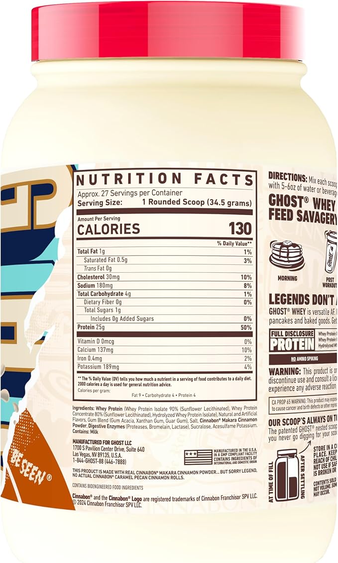 GHOST Whey Protein Powder, Cinnabon Caramel Pecan - 2LB Tub, 25G of Protein - Cinnamon Roll Flavored Isolate, Concentrate & Hydrolyzed Whey Protein Blend - Post Workout Shakes - Soy & Gluten Free