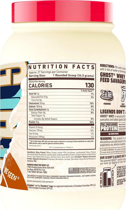 GHOST Whey Protein Powder, Cinnabon Caramel Pecan - 2LB Tub, 25G of Protein - Cinnamon Roll Flavored Isolate, Concentrate & Hydrolyzed Whey Protein Blend - Post Workout Shakes - Soy & Gluten Free