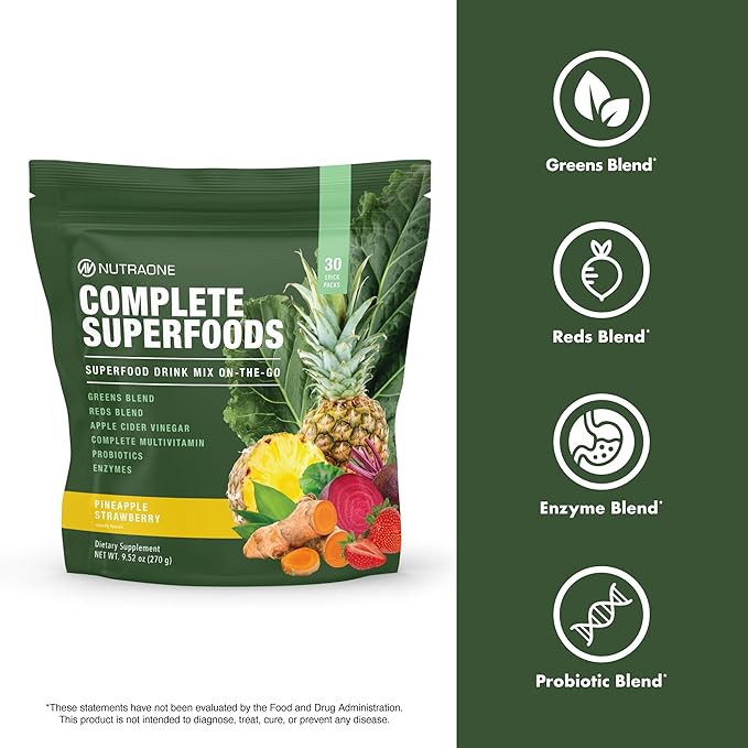 Complete Superfoods, Complete Spectrum Multivitamin, Greens and Reds Blend, Enzymes, Probiotics (Pineapple Strawberry, 30 Stick Packs)