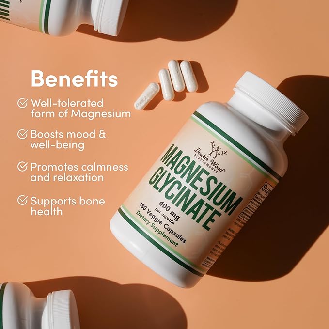 Magnesium Glycinate 400mg, 180 Capsules (Vegan Safe, Third Party Tested, Gluten Free, Non-GMO) High Absorption Magnesium by Double Wood Supplements