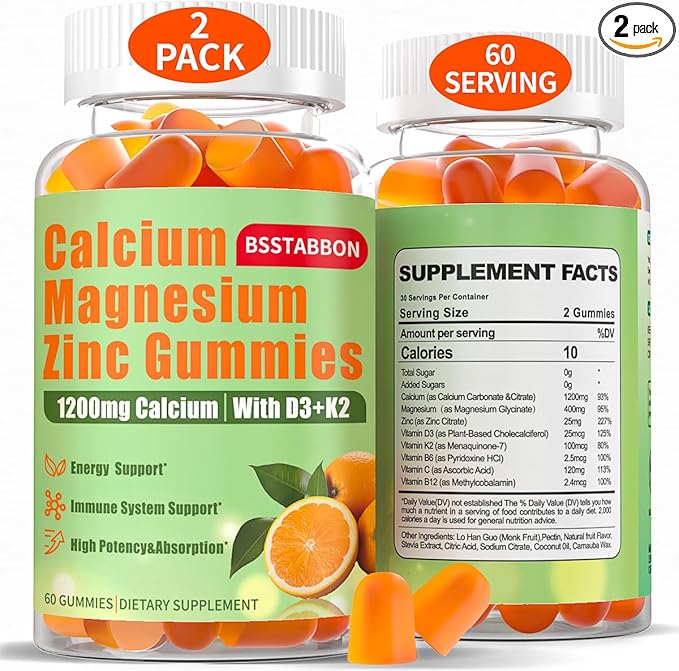Calcium Magnesium Zinc Gummies for Adult: 1200mg Calcium Citrate 400mg Magnesium Glycinate with D3 B12 - Sugar Free High Absorption Supplement for Women Men (60 Count(Pack of 2))