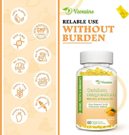 High Absorption Calcium Gummies, Sugar Free Calcium Magnesium Supplement with Vitamin D3 K2 for Bone & Teeth Strength, Muscle Function - Vegan, Mango Flavor 60 Cts