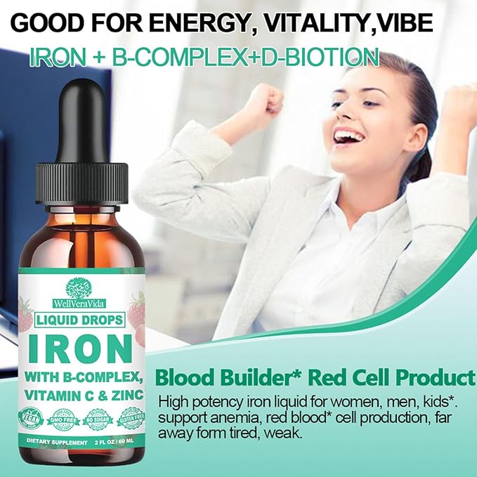Liquid Iron Supplement w/Vitamin C, B-Complex, High Potency Iron Liquid w. Multivitamin, Vegan Iron Drops for Women, Kids, Chelate Liquid Iron Supplement for Anemia, Fatigue, Red Blood Cell Support