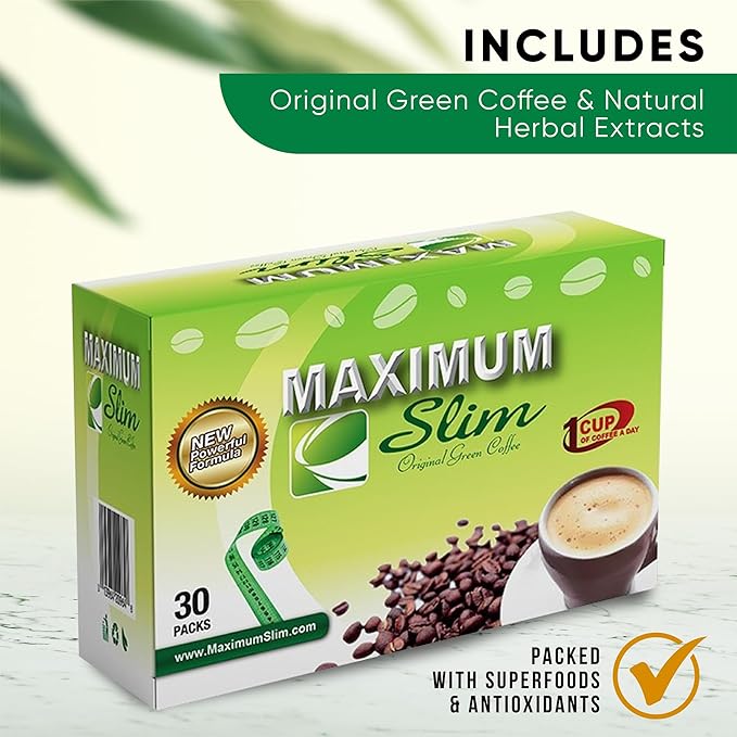 Maximum Slim Original Green Coffee –Premium 4-in-1 Formula with Natural Herbal Extracts for Energy & Vitality. Creamy & Delicious for Maximum Satisfaction. No Messy Side Effects-Made in the USA-30 Ct