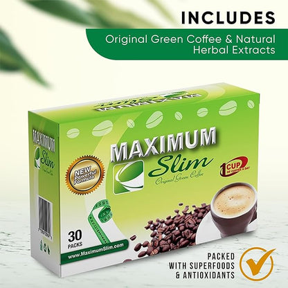 Maximum Slim Original Green Coffee –Premium 4-in-1 Formula with Natural Herbal Extracts for Energy & Vitality. Creamy & Delicious for Maximum Satisfaction. No Messy Side Effects-Made in the USA-30 Ct