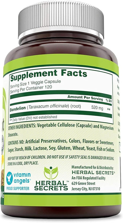 Herbal Secrets Dandelion Root 520 Mg 120 Veggie Capsules (Non-GMO) - Improve Gastrointestinal Health, Reduces Throat Inflammation, (Pack of 3)