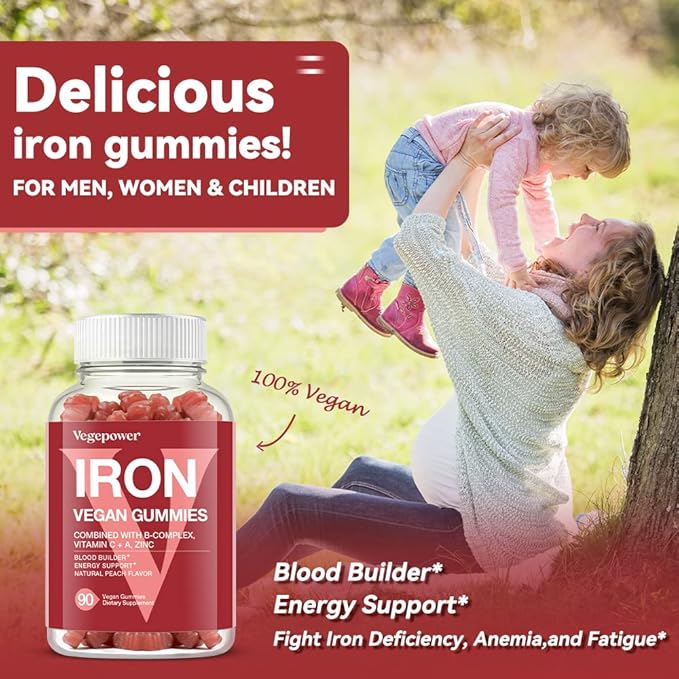 Iron Gummies Supplements for Women & Kids - Multivitamin with Iron for Blood Oxygen, Great Tasting Iron Gummy Vitamins with Vitamin C for Max Absorption - Vegan Iron Chewable, Peach Flavor(3 Packs)