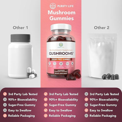 Sugar-Free Mushroom Complex Gummies - Potent 10x Mushroom Supplement with Lions Mane, Chaga, Reishi, Cordyceps (2500mg) Natural Stress Support Calm Gummies, Nootropic Focus Gummies, No Sugar or Pills