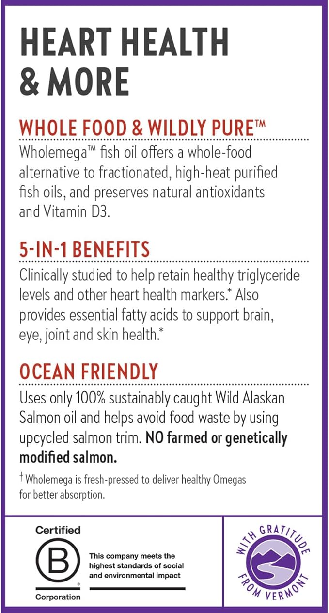 New Chapter Wholemega Fish Oil Supplement - Wild Alaskan Salmon Oil with Omega-3 + Vitamin D3 + Astaxanthin + Sustainably Caught - 120 ct, 1000mg Softgels