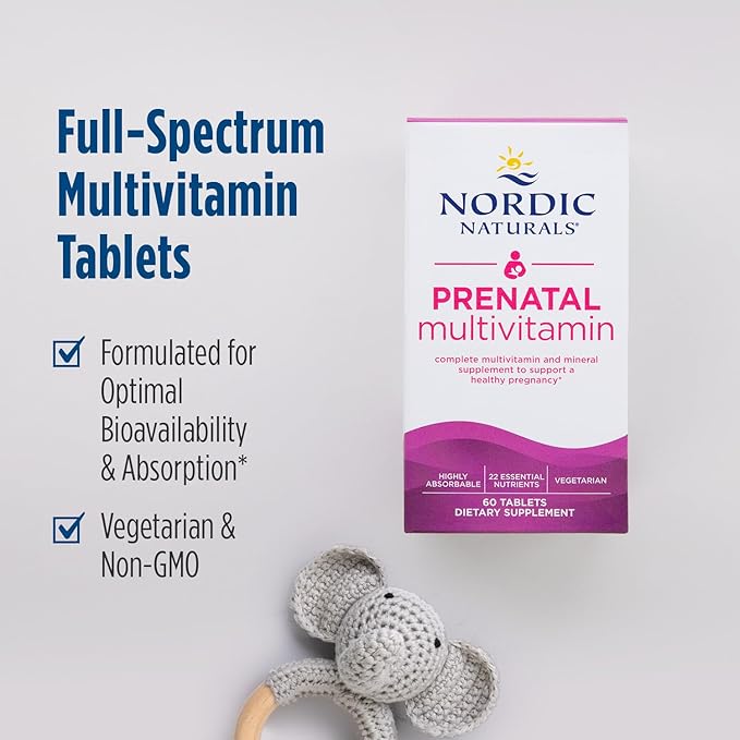 Nordic Naturals Prenatal Multivitamin for Women - Daily Vegetarian Prenatal Vitamins - 22 Essential Nutrients, Including B6, Folate, and Iron - 60 Tablets - 30 Servings