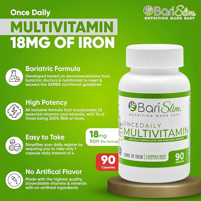 BariSlim Once Daily Bariatric Multivitamin Capsule - 18mg of Iron - Bariatric Vitamin & Supplement for Post Bariatric Surgery Including Gastric Bypass & Gastric Sleeve | 90 Day Supply