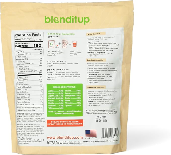 Blenditup Protein + Smoothie Mix Organic (24oz.) 100% Vegan, Gluten Free