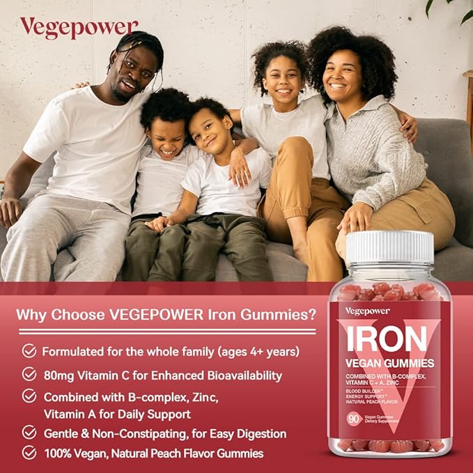 Iron Gummies Supplements for Women & Kids - Multivitamin with Iron for Blood Oxygen, Great Tasting Iron Gummy Vitamins with Vitamin C for Max Absorption - Vegan Iron Chewable, Peach Flavor(3 Packs)