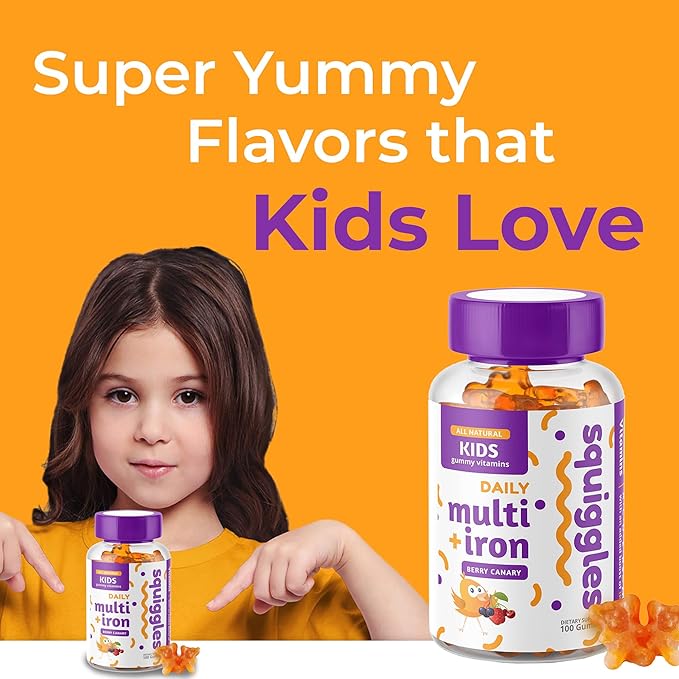 Squiggles Kids Multivitamin + Iron Gummies 100ct. | All-Natural, Low Sugar, and Super Yummy | Broad Spectrum of Vitamins and Minerals with a Boost of Iron.