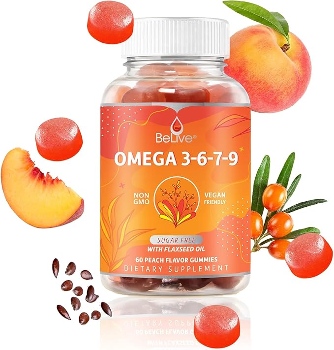BeLive Organic Omega 3 Gummies - Omega 3 6 9 7 DHA & EPA from Flaxseed Oil & Sea Buckthorn Fruit Oil, Vegan Omega 3 for Kids & Adults, Full Body, Brain & Eye Support, Sugar Free – Peach | 3-Pack
