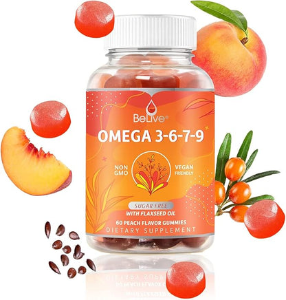 Organic Omega 3 Gummies with Omegas 6, 7, 9, DHA & EPA from Flaxseed Oil and Sea Buckthorn Fruit Oil - Sugar-Free, Supports Brain, Heart, Eye & Immune System, Supplements for Kids & Adults (60 CT)