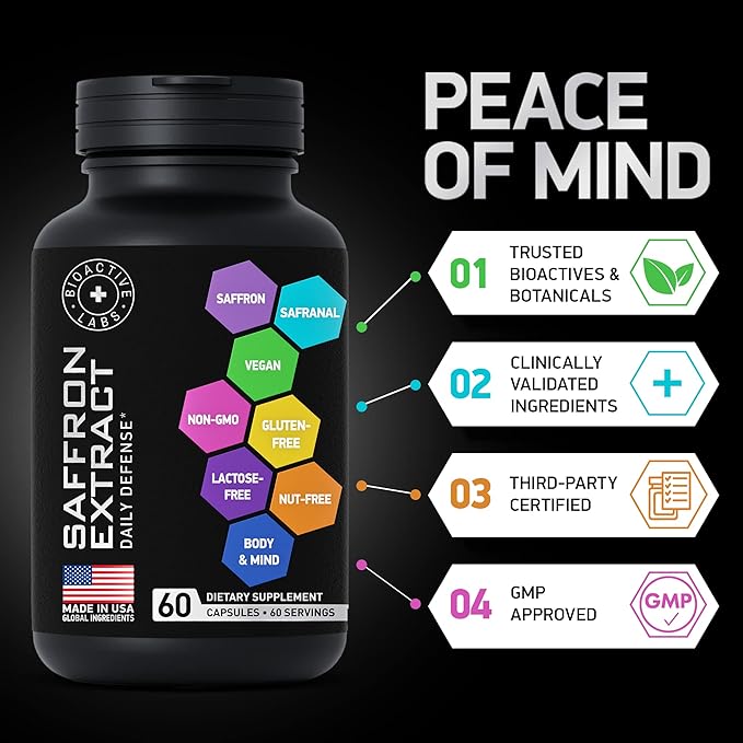 Optimized Saffron Supplements - 88.5mg Pure Saffron Extract for Mood Support, Focus, Energy - Happy Saffron Plus Crocin, Crocetin, Kaempferol - Gluten-Free, Non-GMO - 1-a-Day 60 Vegan Saffron Capsules