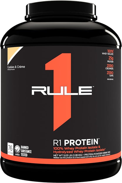 Rule One Proteins R1 Protein - 25g Fast-Acting, Super-Pure 100% Isolate and Hydrolysate Protein Powder with 6g BCAAs (5 Pounds*, Cookies & Crème)