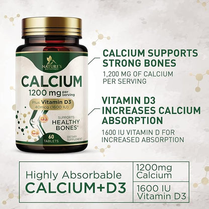Calcium 1200 mg with Vitamin D3, Calcium Supplement Vitamins, Supports Bone Strength, Teeth & Immune System, Calcium Supplements for Women & Men, Nature's Absorbable Calcium Carbonate - 60 Tablets