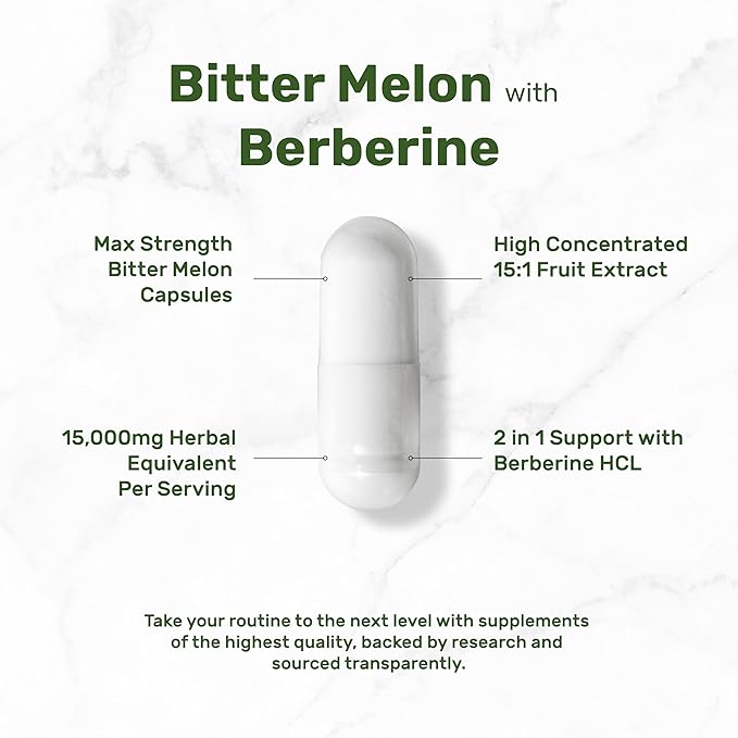 Bitter Melon with Berberine Supplement 15,000mg Per Serving, 300 Capsules | 15:1 Wild Bitter Melon Fruit Extract & Berberine HCL | Third Party Tested | Plant Based, Non-GMO
