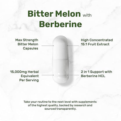 Bitter Melon with Berberine Supplement 15,000mg Per Serving, 300 Capsules | 15:1 Wild Bitter Melon Fruit Extract & Berberine HCL | Third Party Tested | Plant Based, Non-GMO