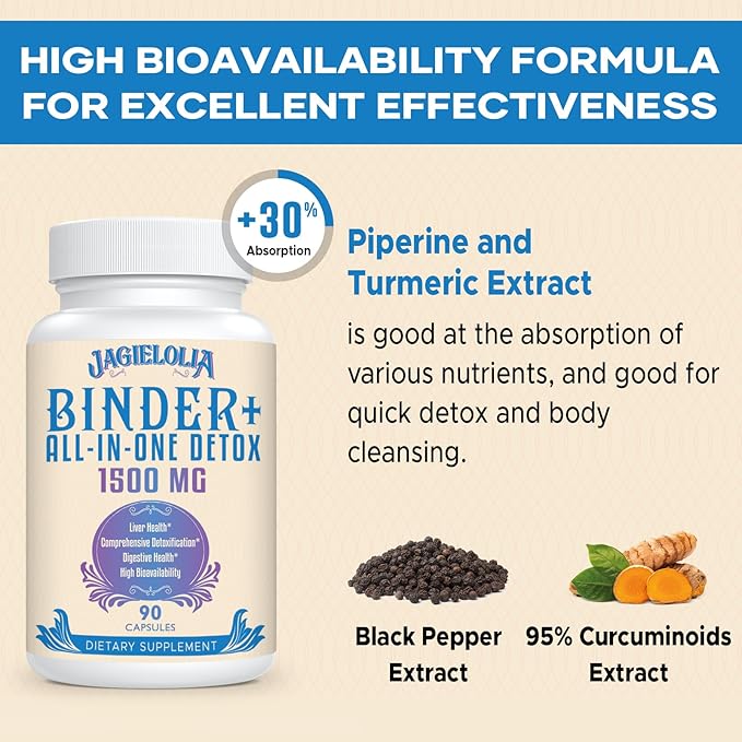 All-In-One Detox Binder Supplement 1500 MG - High Bioavailability, Liver Gut Detox Cleanse with Activated Charcoal, Zeolite & Bentonite Clay for Toxins, Liver, Digestive, 540 Vegan Capsules