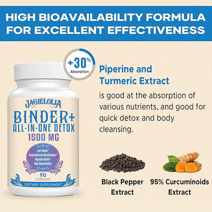 All-In-One Detox Binder Supplement 1500 MG - High Bioavailability, Liver Gut Detox Cleanse with Activated Charcoal, Zeolite & Bentonite Clay for Toxins, Liver, Digestive, 540 Vegan Capsules