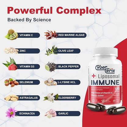 Liposomal Immune Support Supplement for Adults, Complex with L-Lysine 1,500mg, Vitamins, Minerals & Herbal Extracts, Comprehensive Daily Wellness Blend for Men & Women - 240 Capsules