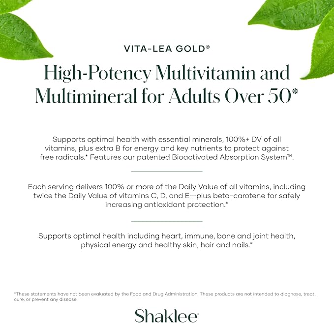 Shaklee Vita-Lea Gold® with Vitamin K for Adults Over 50 - High-Potency Formula for Heart, Immune, Bone, and Joint Health - Supports Physical Energy & Healthy Aging - Essential Vitamins - 120 Tablets