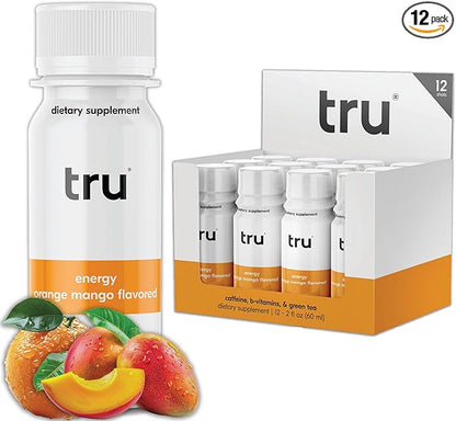 Tru Energy Shot, Orange Mango Flavored Extra Strength Energy Shots - Zero Sugar Energy Drink plus Vitamin B3, B6, B12, and Green Tea - Natural Caffeine, GF, Keto, Vegan Supplement, 2oz (Pack of 12)