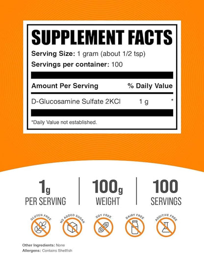 BulkSupplements.com Glucosamine Sulfate Powder - Glucosamine Supplement, Glucosamine Powder - for Joint Support, Gluten Free, 1000mg per Serving, 100g (3.5 oz) (Pack of 1)
