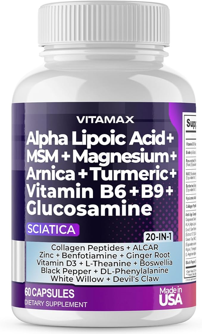 Sciatic Nerve Health Support - Sciatic Nerve Supplement Capsules with Folic Acid, Pea, Glucosamine, MSM, Vitamin B Complex, Alpha Lipoic Acid 300mg – 60ct – Made in USA