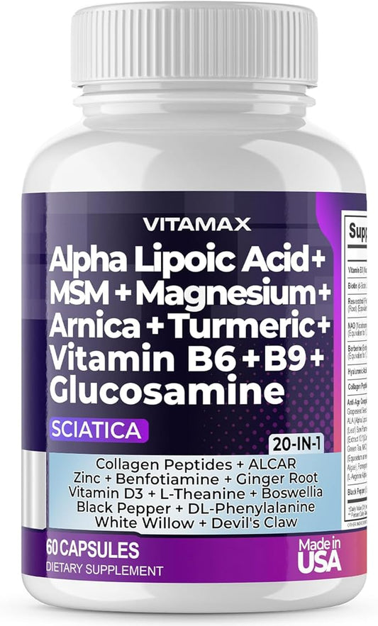 Sciatic Nerve Health Support - Sciatic Nerve Supplement Capsules with Folic Acid, Pea, Glucosamine, MSM, Vitamin B Complex, Alpha Lipoic Acid 300mg – 60ct – Made in USA