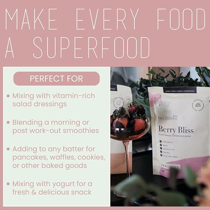 Philosophie Plant Based Superfood Powder - Vegan Protein Powder with Rice Protein, Maca Root Powder & Acai Berry - Organic Dairy Free Superfood Blend - Protein Powder Without Artificial Sweeteners