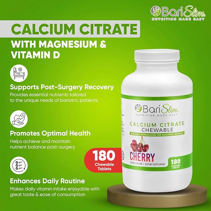 BariSlim Bariatric Calcium Citrate with Magnesium & Vitamin D Tabs - 500mg Calcium Citrate - Formulated for Post Weight Loss Surgery - Supports Bone Health | Cherry