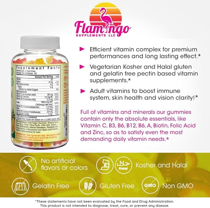 Multivitamin Gummies | Vegan Friendly, Kosher Halal NO Gluten or Gelatin, no GMO| for Men, Women & Kids| 3 Natural Flavors | Vitamins C, B3, B12, Biotin, Zinc & More| 100 Gummies