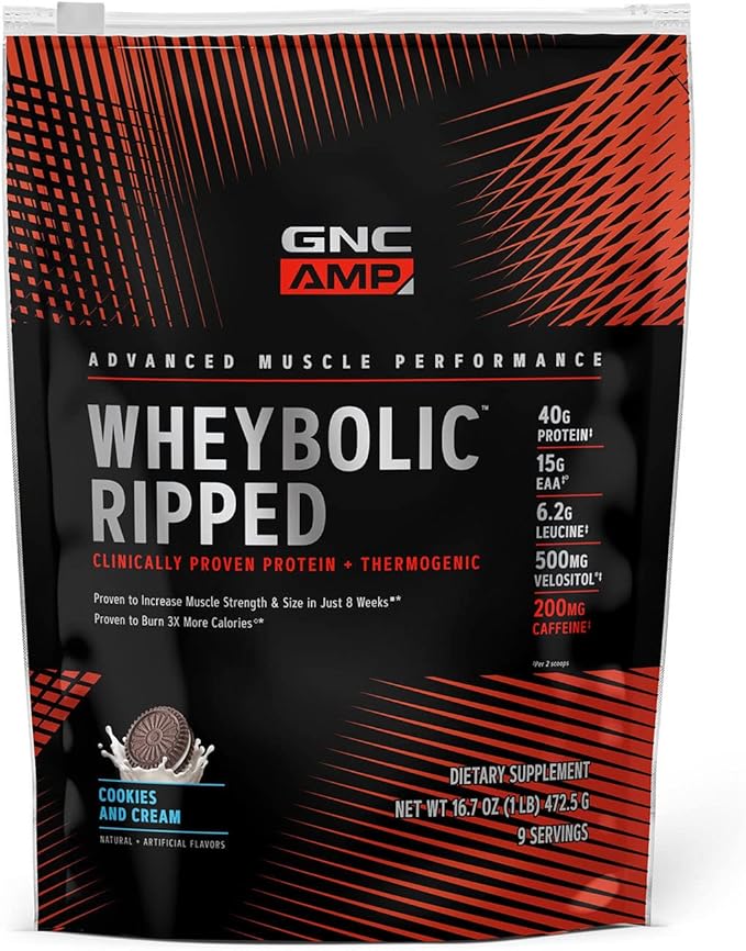 GNC AMP Wheybolic Ripped Whey Protein Powder Isolate with BCAA | Targeted Muscle Building and Workout Support Formula | Gluten Free | Cookies and Cream | 9 Servings