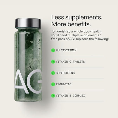 AG1 Greens Powder Supplement | Improve Gut Health | Multivitamin, Probiotic, Gluten Free, Vegan and Keto Friendly | Shaker & Scoop Included | 75 Vitamins (Athletic Greens)